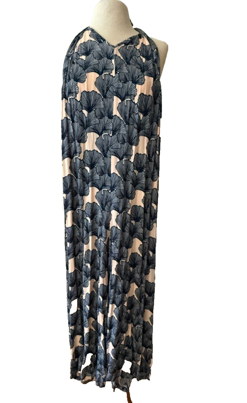 Ava Sky Fighting Eel Ginkgo Biloba Floral Print Halter Midi Jumpsuit Flowy Large
